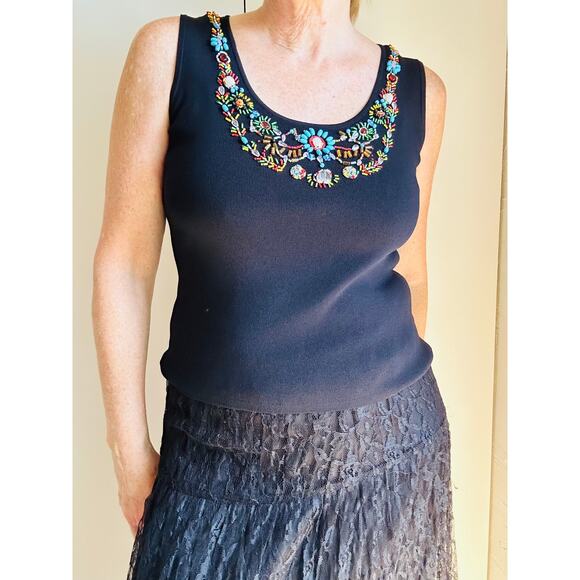 Y2K Beaded Tank Top KNit Size MPetite Black Festival Boho Hippie Western Wear - Picture 7 of 7